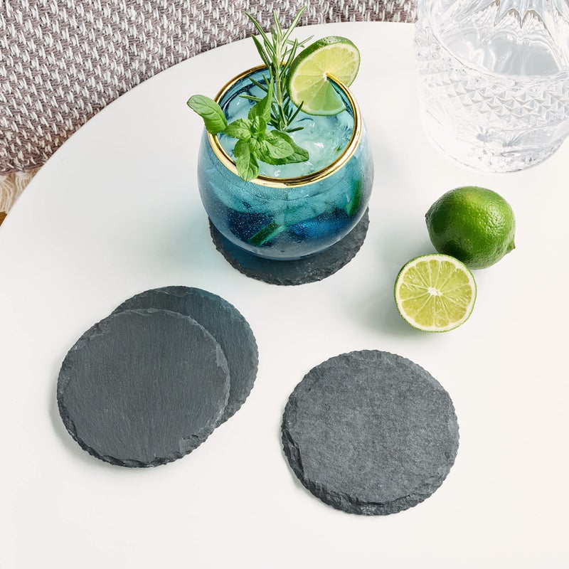 Twine Circle Slate Coasters, Modern Round Coasters, Slate with Velvet Backing, Protect Tables and Surfaces, Black, Set of 4 - Image 4